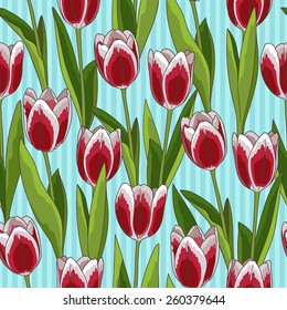 Red tulip flower spring seamless pattern or background, blue background