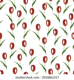 Red tulip flowers elements seamless pattern in bloom style. Isolated creative print. Random floral backdrop. Graphic design for wrapping paper and fabric textures. Vector Illustration.