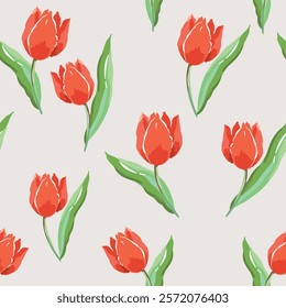 Red tulip flowers, green leaves, light gray background. Floral illustration. Vector seamless pattern. Botanical design. Nature spring garden plants
