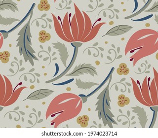 Red tulip flowers on light background. Seamless pattern. Vector floral bright pattern for wrapping paper, fabric, cloth, cover. Vector illustration.