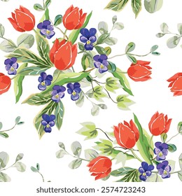Red tulip flowers, pansies, green leaves, white background. Vector floral illustration. Seamless pattern. Spring bouquets. Botanical design