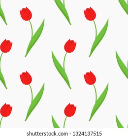 Red tulip flowers spring seamless pattern. Vector illustration.