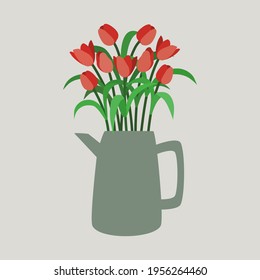 Red tulip flowers in a vase vector. Flowers vase. Clipart vector.