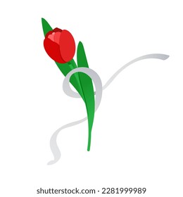 Red tulip and gray ribbon. World Parkinson's disease symbol. Awareness sign. Flat style vector illustration isolated on transparent background