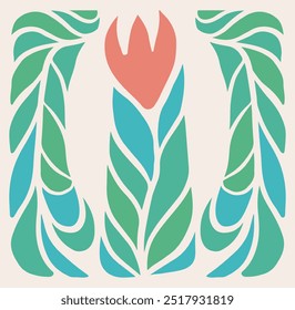 Tulipa vermelha com folhas verdes. A arte floral minimalista imprime um design de rabiscar.