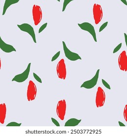 Red tulip and green leaves seamless repeat pattern. Vector illustration. No AI generated content in this pattern.