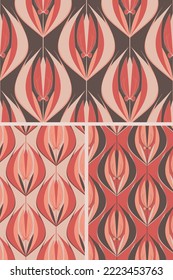 Red tulip ogee seamless vector pattern. Feminine floral geometric pattern in three colorways. Floral folk ogee shape textile print in pink and brown.