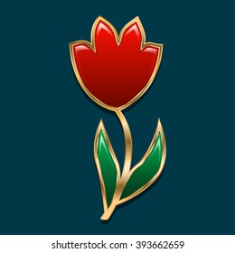 red tulip on a dark green background. flower decorated in a gold cut. glossy leaves and a bud. stylized piece of jewelry. vector illustration