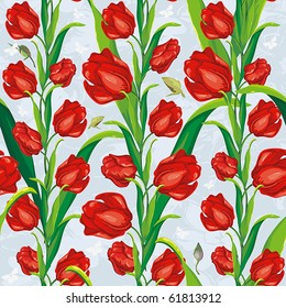 Red tulip on light background with butterflies. Vintage seamless tulip floral pattern.