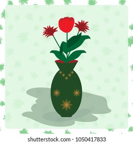 Red tulip and other flower in vase. Seamless background. Vector image. Green vase with flowers inside