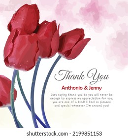 Red Tulip With Pink Watercolor Background Thank You Card