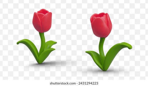 Red tulip in plasticine style. Set of vector realistic objects in different positions