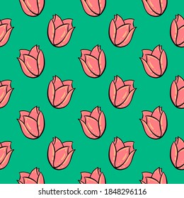 Red tulip, seamless pattern on green background.