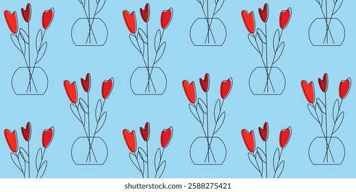 Red Tulip Vases on a Light Blue Background. Banner of drawn red tulip vases on a blue background, perfect for textiles and decor.