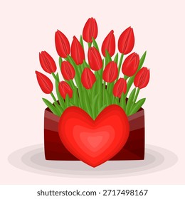 Red tulips bouquet in a dark red envelope with a large heart. Romantic vector illustration for Valentine's Day or Mother's Day. 