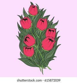 Red tulips. Bouquet of spring flowers. Large buds and green leaves. Black contour. Freehand sketch. Bright illustration on a pink background.