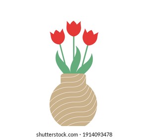 Red tulips bouquet in a vase. Vector illustration.
