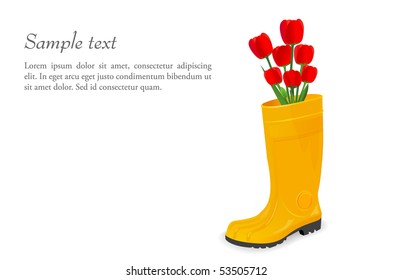 Red tulips bouquet in yellow rubber. Vector illustration