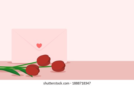 Rote Tulpen und Umschläge auf hellrotem Hintergrund.Pastelltöne.Haben Sie Platz, Text einzufügen.Flaches Design.Vektorgrafik über Liebe und Valentinstag.