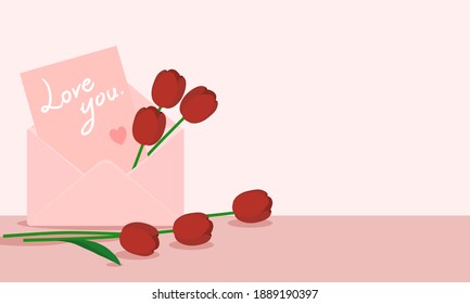 Red tulips and envelope place on the floor on a light red background.Have space to insert text.Flat design style.Vector illustration about love and valentine day.
