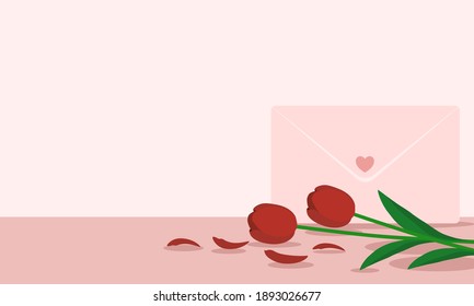 Red tulips and envelope place on the floor on a light red background.Pastel tones.Have space to insert text.Flat design style.Vector illustration about love and valentine day.