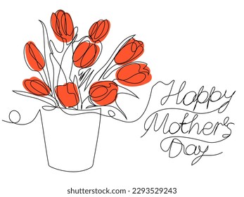 Red tulips in a flowerpot in one line on a white background. Vector card with minimalistic flowers for Mother's Day.