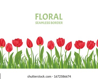 Red Tulips flowers seamless border. Blooming tulips in green grass isolated on white background. Vector illustration of red bright spring flowers in cartoon flat style.