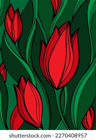 Red tulips and green leaves for a background to a spring greeting card for March 8 or Women's Day