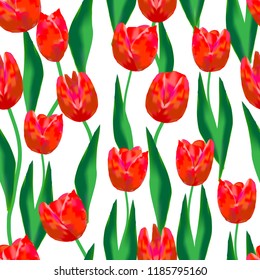 Red tulips and green leaves on a white background. Wonderful seamless pattern. Can be used for fabrics, for wallpapers.