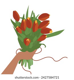 Red tulips hand on white vertical background. International Women's Day,Valentine's Day or Birthday. Vector