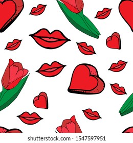 Red tulips and heart, seamless pattern. Drawn by hand. Festive design for cards, wrapping, paper. Vector illustration