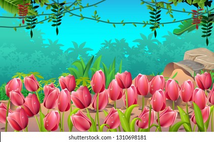 red tulips in the jungle