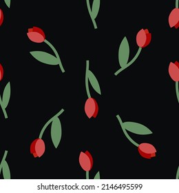 Red tulips on a black background seamless pattern