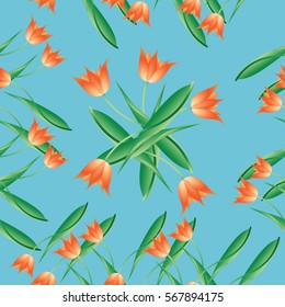 Red tulips on blue. Seamless pattern. Design for fabric, tapestry, packaging materials, background for website.