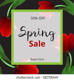 Red Tulips on dark background. Spring sale banner. Trendy Design Template. Vector illustration
