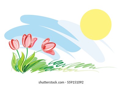 red tulips on the grass under the sun