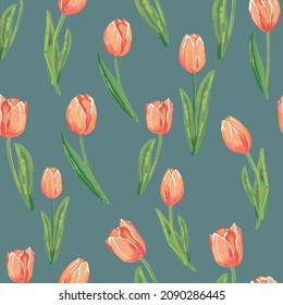 rote Tulpen auf grünem Hintergrund. Aquarellmuster mit Frühlingsblumen.
