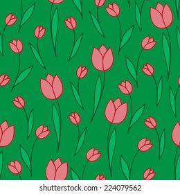 red tulips on a green background  vector seamless pattern 