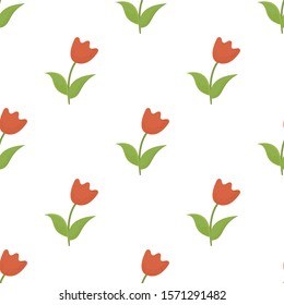 Red tulips on a white background. Vector cute floral seamless pattern.
