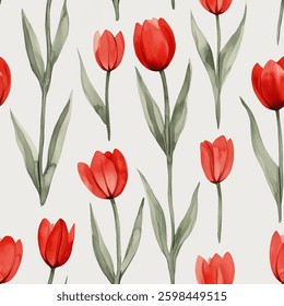 Red tulips on a white background, watercolor flower seamless pattern. Watercolor print in rustic vintage style, textile or wallpaper.