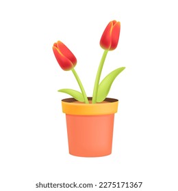 Tulipanes rojos en la ilustración 3D de la olla de flores naranja. Dibujo de caricaturas de hermosas flores creciendo en la olla para oficina, hogar o regalo en estilo 3D sobre fondo blanco. Naturaleza, plantas domésticas, decoración, concepto botánico