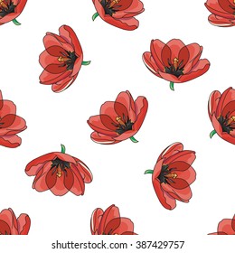 Red tulips pattern. Spring bunch of flowers.