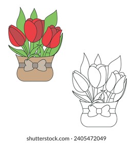 Red tulips in a pot. Simple Design Outline Style. You can give color you like. Vector Illustrations