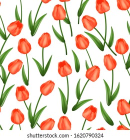 Red tulips, seamless floral pattern / background. Realistic vector illustration.