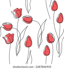 Red tulips seamless pattern. Abstract floral illustration. Line continuous flowers vector. Botanical outline backdrop. Wallpaper, background, fabric, textile, print, wrapping paper or package design.