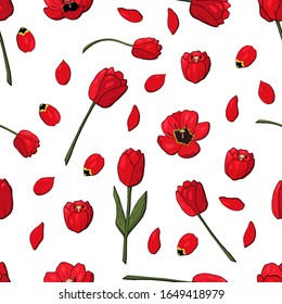 tulipanes rojos sin fisuras sobre fondo blanco. Fondo de tulipanes rojos para embalaje. Dibujo manual de tulipanes rojos. Para el diseño de camisetas 