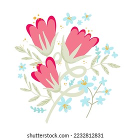 Red tulips simple flat illustration. Modern hand drawn. Blue cornflowers and pink garden flowers. Colorful vector illustration