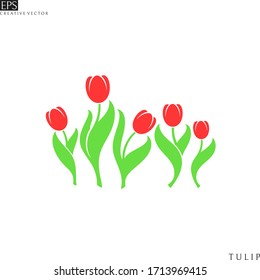 Red tulips. Spring flowers. Isolated tulips with leaves on white background. Vector flower