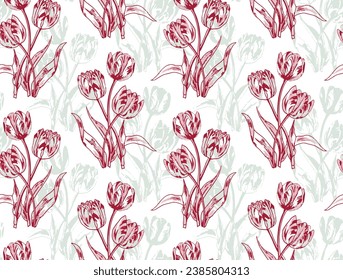 Flores de primavera de tulipanes rojos, fondo vectorial sin costura, fondo vectorial sin costura con tulipanes. Ilustración dibujada a mano.