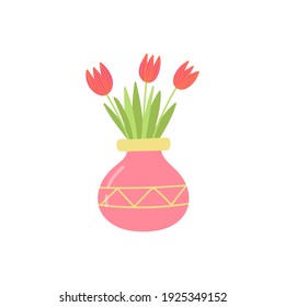 Red tulips in a vase, a bouquet of blooming flowers for interior decoration. Vector illustration isolated on white background.